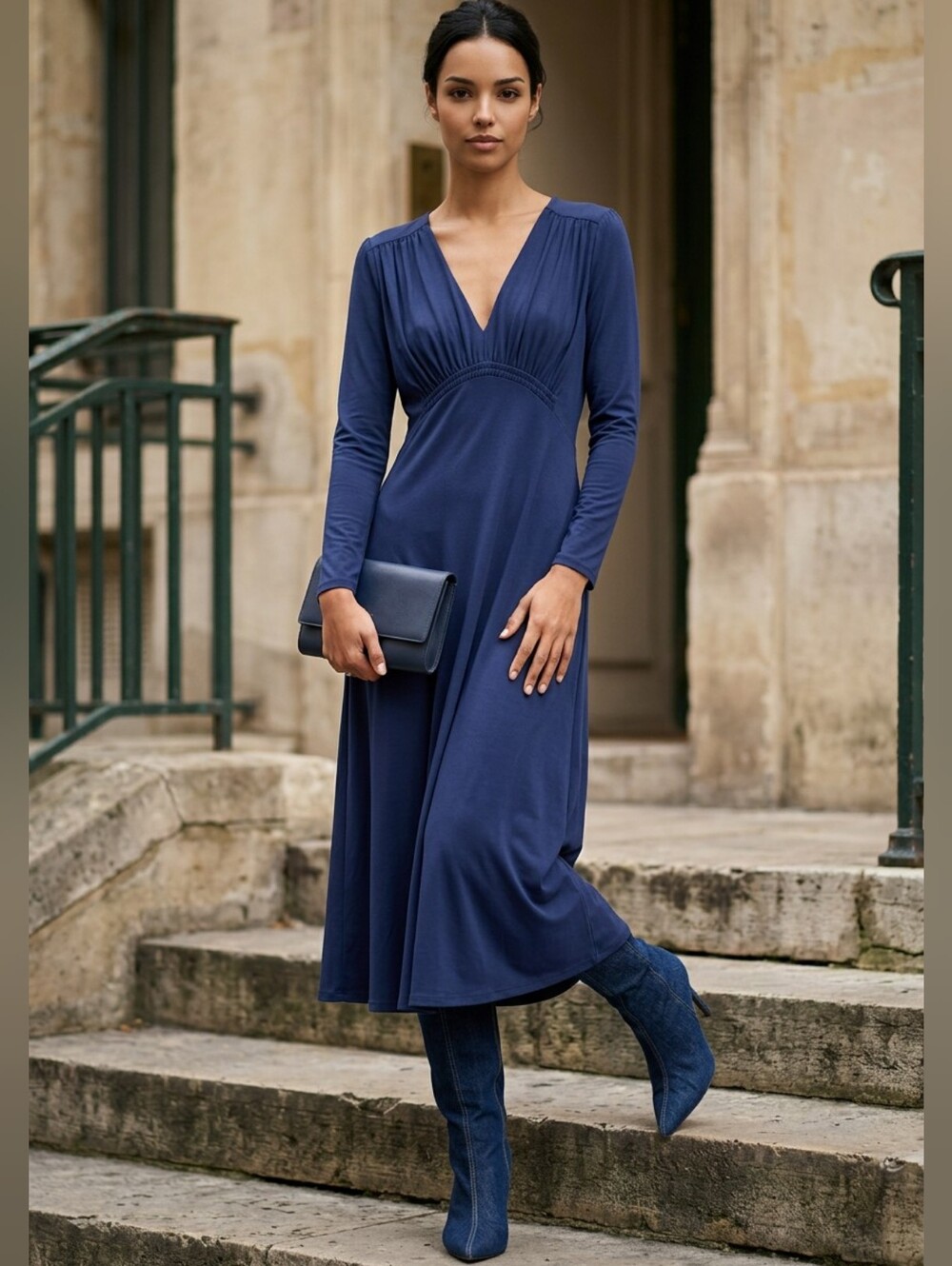 Quince Tencel Jersey Navy Blue V-Neck Long Sleeve Midi Dress Size M - NWT